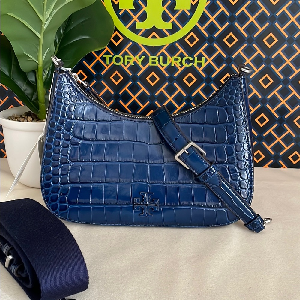 Tory Burch Blue Croc-Embossed convertible Women's crossbody Bag 2 straps - Picture 2 of 16